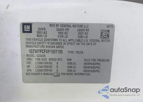 2015 GMC Savana 2500 Work Van z USA, uszkodzony, nr VIN 1GTW7FCFXF1907155